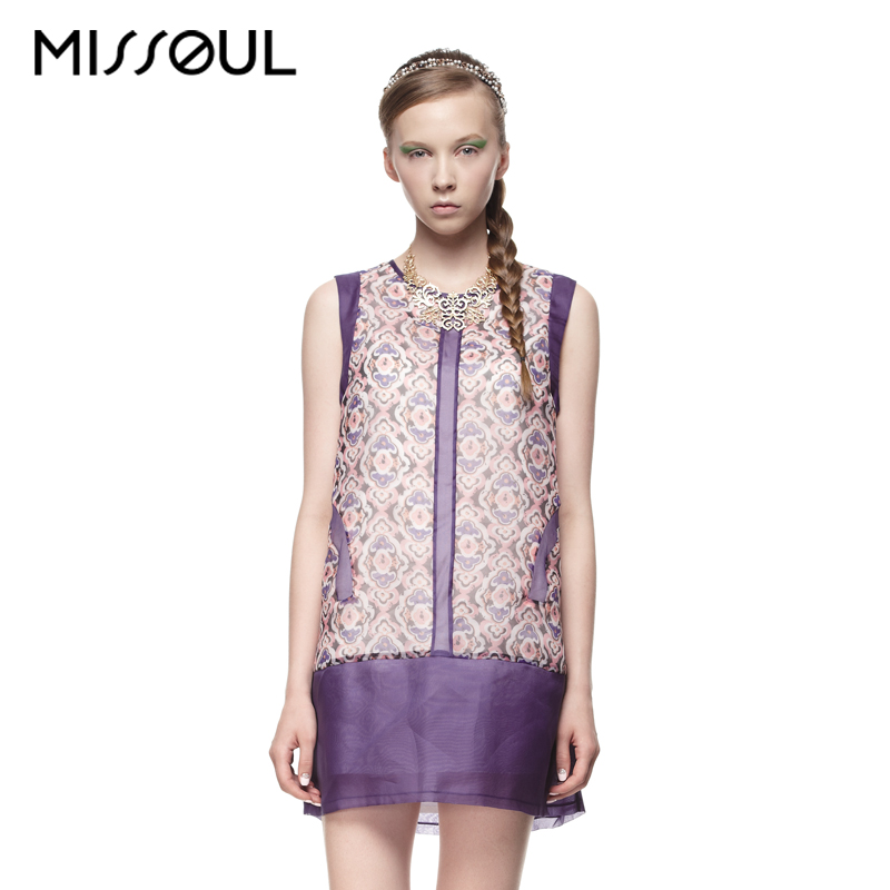 missoul米素无袖连衣裙2014新款大码女装丝滑复古印花蕾丝连衣裙