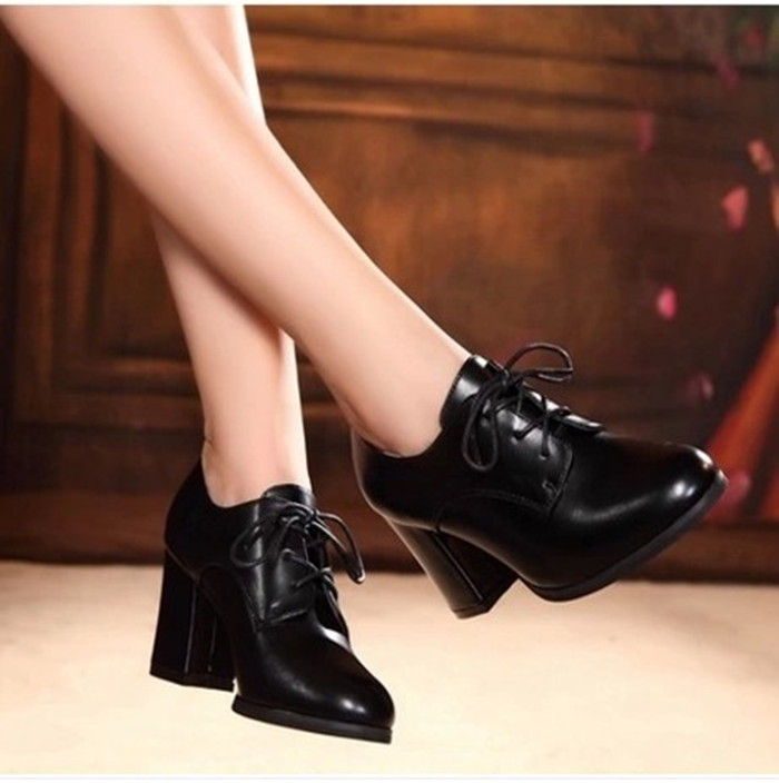 2014新款春款韩版潮女鞋学生鞋单鞋系带粗跟高跟夜店真皮工作鞋40