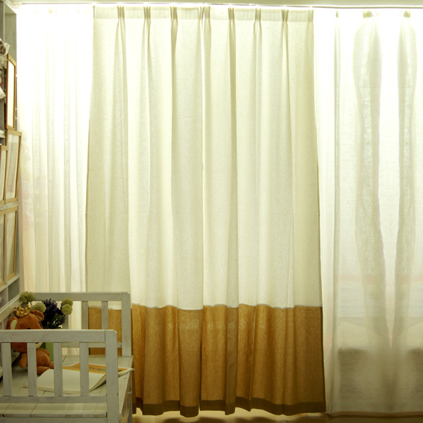 定制日式ZAKKA米白色拼接棉麻窗帘 卧室客厅纯色落地窗帘布成品