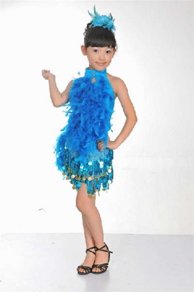 儿童演出服装现代新款少儿羽毛胸花拉丁舞蹈服装女童亮片纱裙比赛