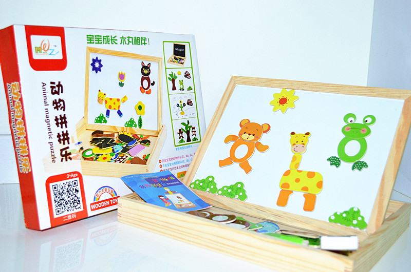 正品动物磁性拼拼乐磁铁拼图益智玩具/儿童木质积木/幼儿黑白画板