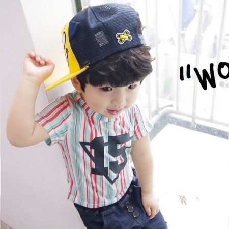 现货特价韩国正品进口代购男童装2014夏条纹三角形数字15短袖T恤