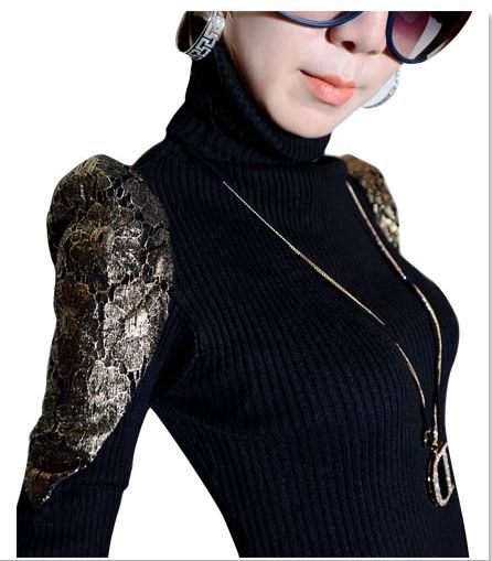 韩国代购   2014新款闪亮金色蕾丝泡泡袖纽扣装饰 高领打底针织衫
