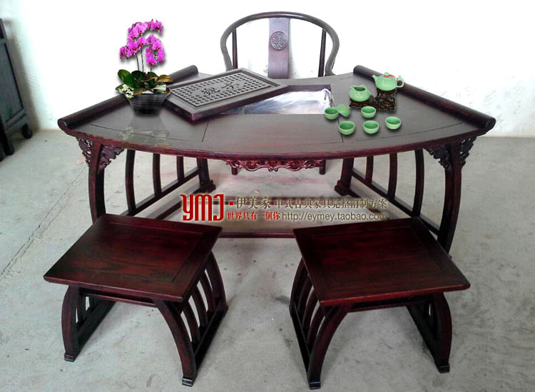 新中式红木色酸枝色古典明清榆木扇形茶桌台座室楼餐厅馆会所家具