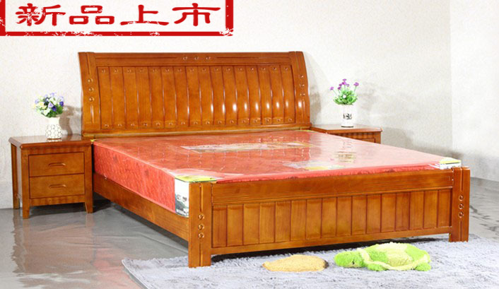 特价松木全实木床 现代雕刻1.5单人床 2米双人大床 橡木婚床头柜