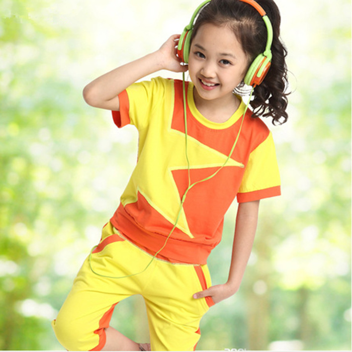 夏装新款韩版 2015儿童短袖纯棉T恤七分裤运动套装女童小童休闲