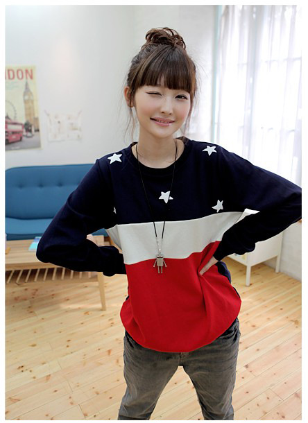2015春秋韩版新款修身圆领长袖宽松星星卫衣女T恤衬衫打底包邮潮