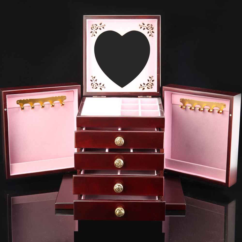 实木首饰盒公主欧式韩国高档木质抽屉式带镜超大号多层饰品收纳盒