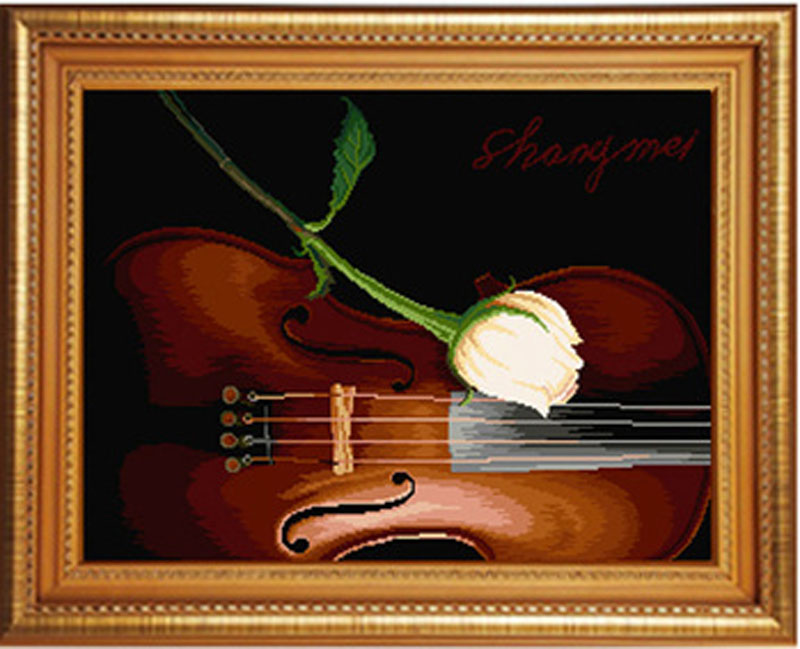 尚美绒绣 手工精品十字绣绒线现代书房挂件—-玫瑰与提琴62X46