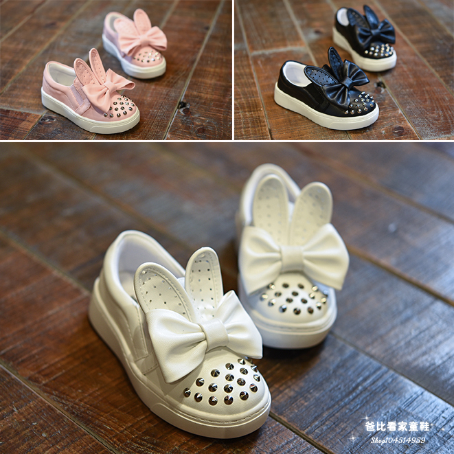 韩版女童兔耳朵童鞋2015秋季 可爱蝴蝶结儿童休闲皮鞋学生小白鞋