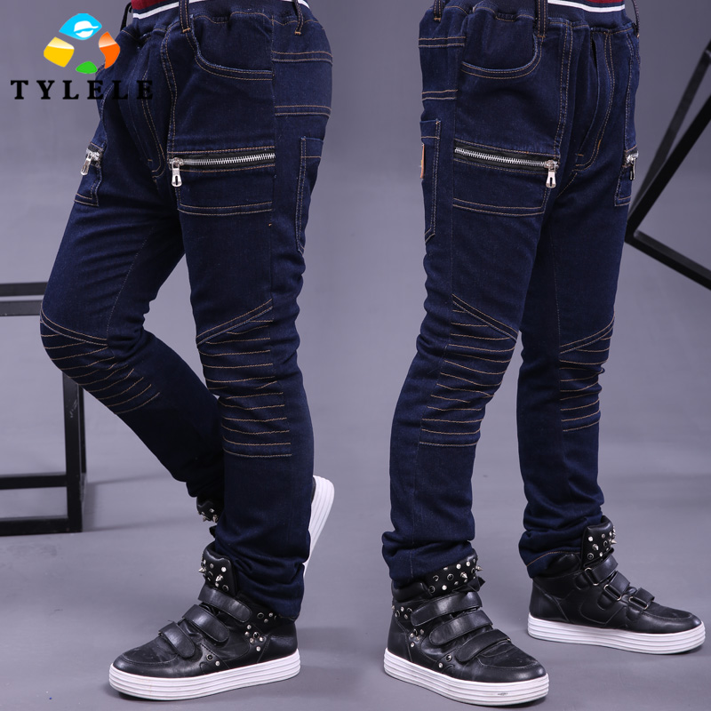 2015冬季新品 韩版时尚线条拉链装饰加绒加厚保暖男童牛仔裤