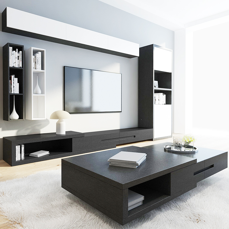 现代简约北欧茶几伸缩电视柜茶几组合黑色橡木实木贴皮客厅家具
