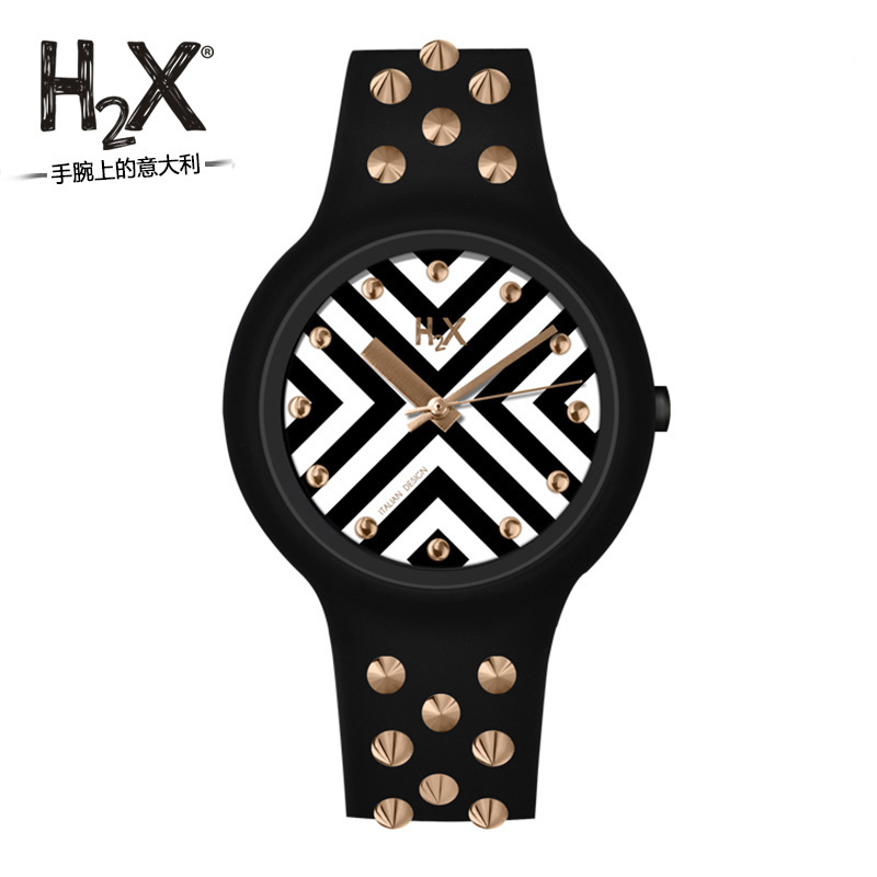 H2X 潮流时尚斑马纹手表女 休闲时装铆钉女表防水硅胶石英表女士