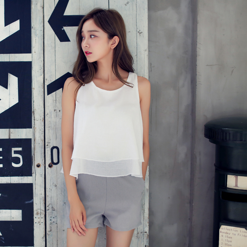 韩国代购棉质无袖T恤女2015夏装新款修身显瘦T恤纯色韩版女上衣