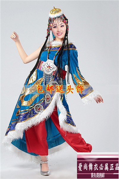藏族舞蹈演出服装 宝蓝色藏族舞蹈服装女民族舞蹈服装民族风情裙