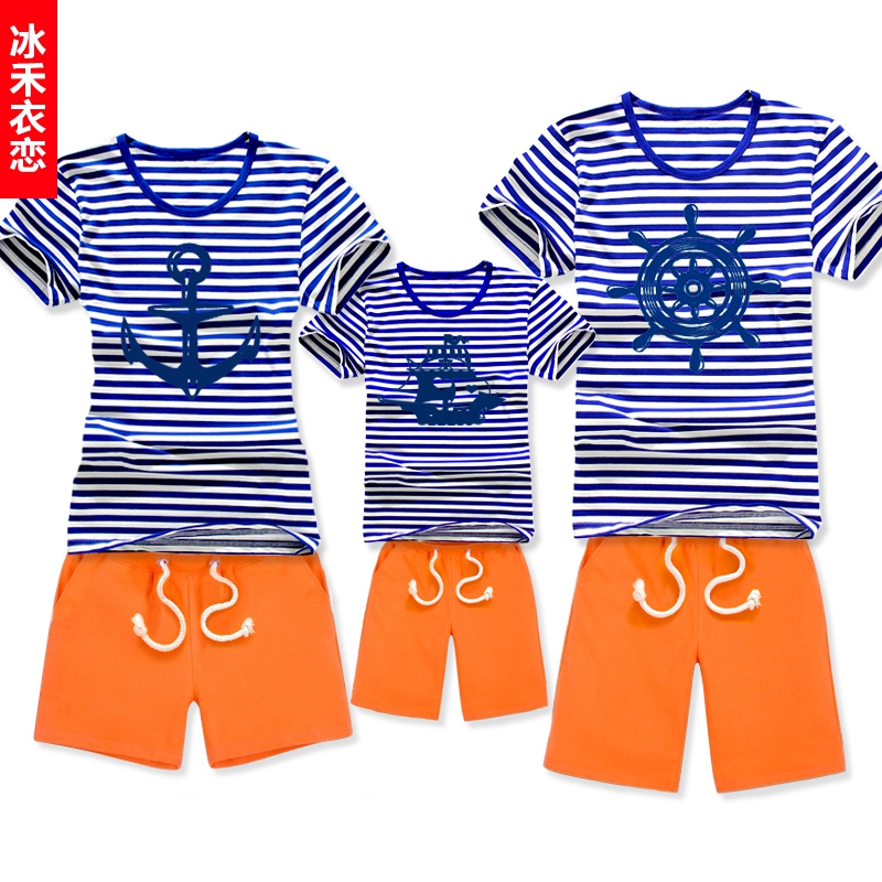亲子装夏装2015款新一家三口母女休闲沙滩海魂衫条纹船锚卡通套装