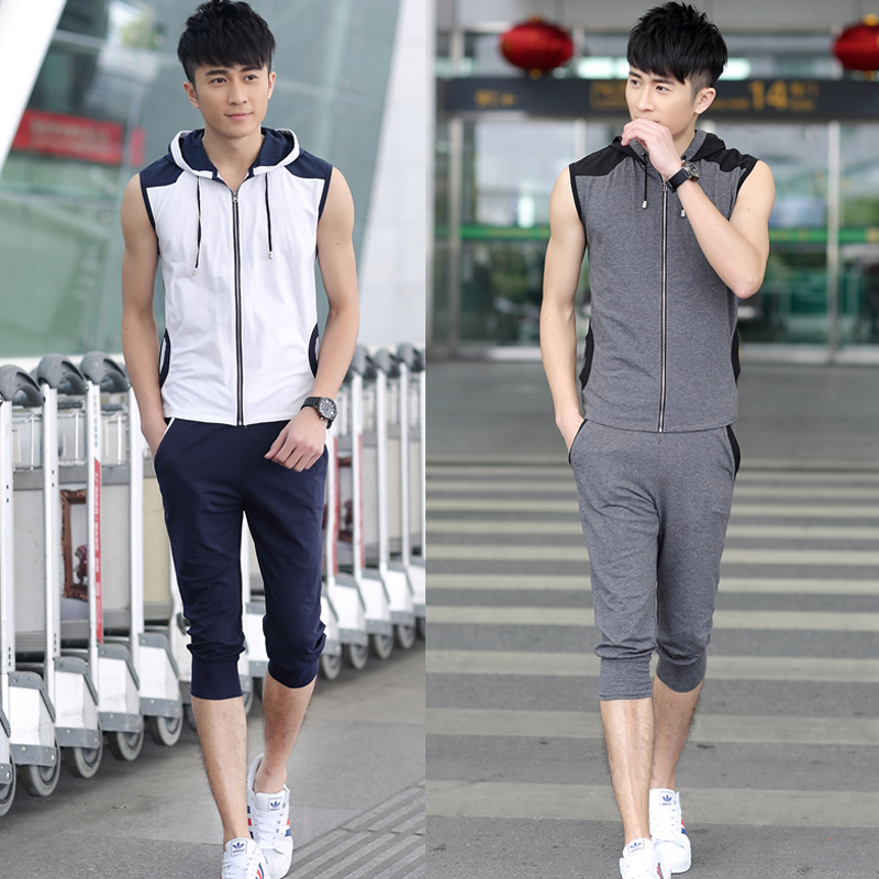 2015夏季男士套装 无袖连帽t恤潮流韩版修身运动休闲上衣套装学生