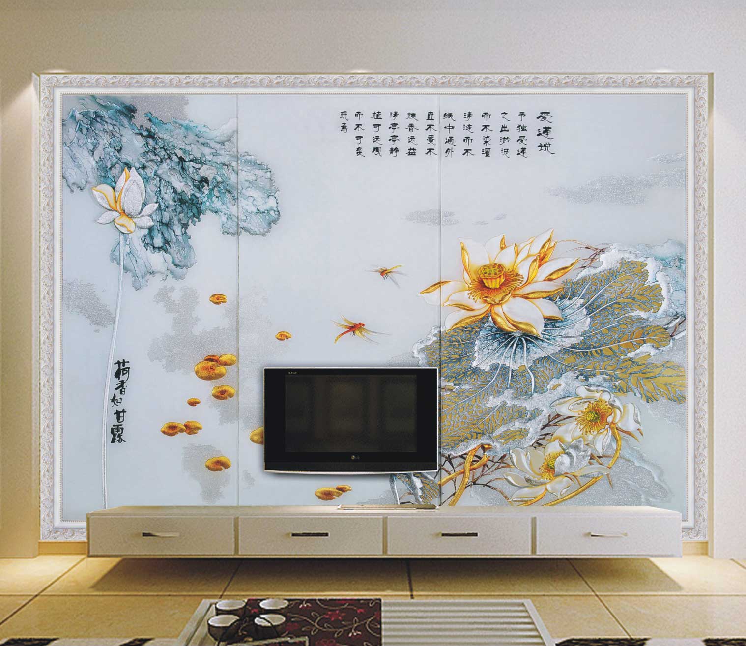 2015新款艺术玻璃背景墙 客厅电视沙发墙磨砂底深雕工艺 荷香如露