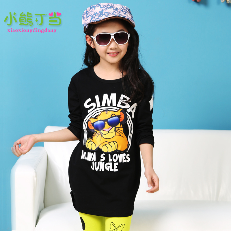 春款2015新款韩版女童大童狮子T恤时尚长款儿童打底衫黑色修身