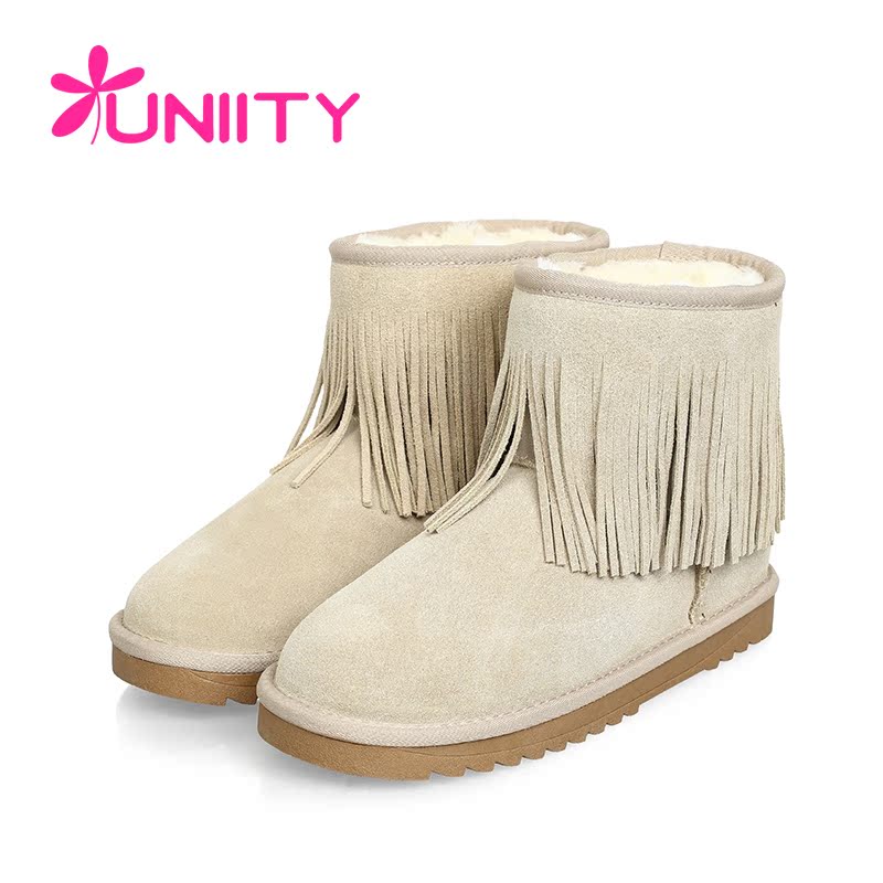 UNIITY2015潮秋冬季坡跟磨砂皮棉鞋平底流苏短靴子学生雪地靴女靴