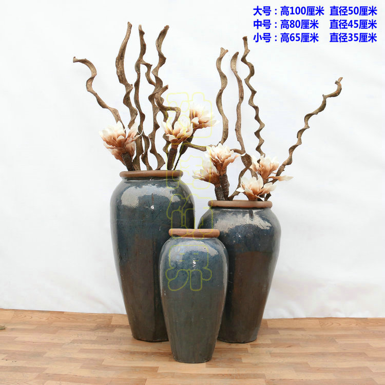人气黑色装饰陶罐土陶落地景观摆件大花瓶纯手工陶瓷粗陶缸插花盆