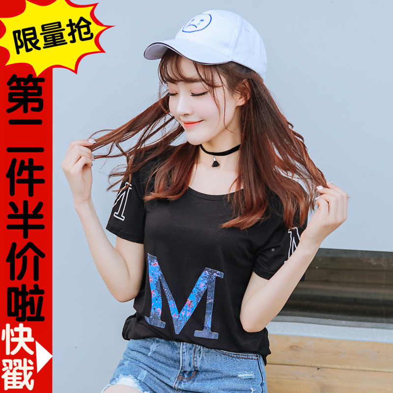 2016夏季新款棉麻简约韩版图案印花字母时尚休闲圆领套头短袖T恤