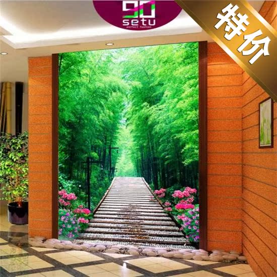 3D视觉延伸玄关壁画 清新竹林走廊过道背景墙纸 无缝整张油画壁纸