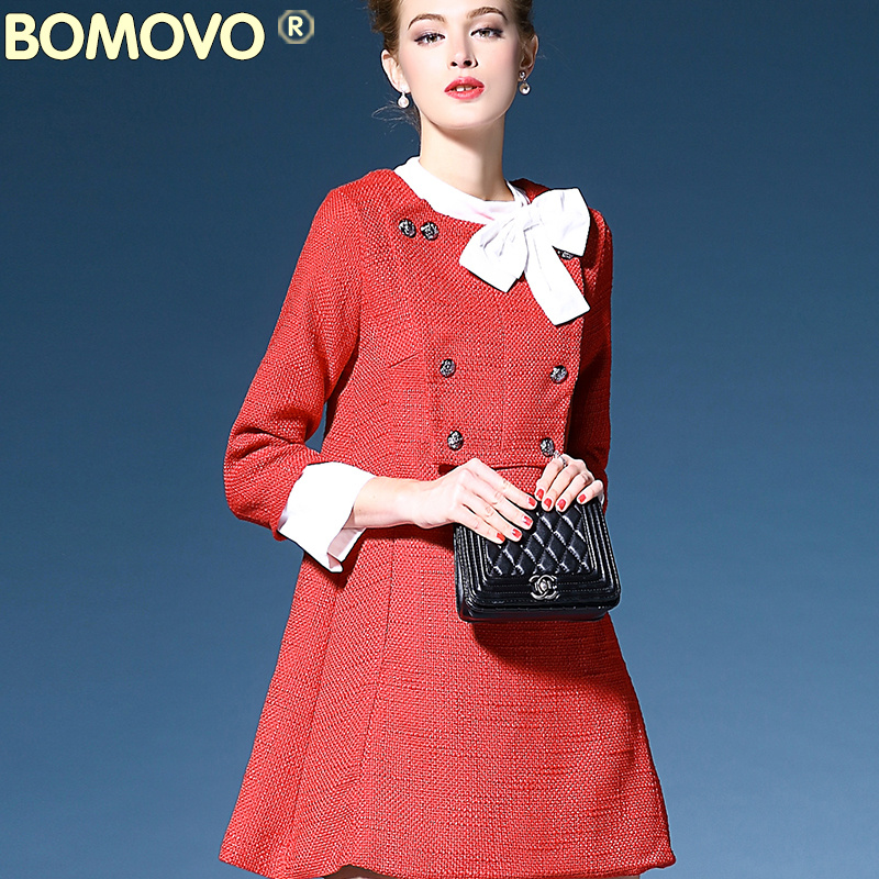 Bomovo2015冬季新款欧美时尚圆领毛呢双排扣连衣裙小香风气质女装