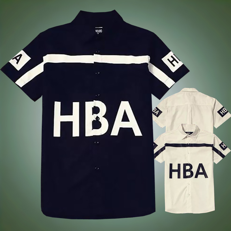 HBA字母印花嘻哈短袖衬衫 黑色潮牌男士夏季学生薄款尖领衬衣修身