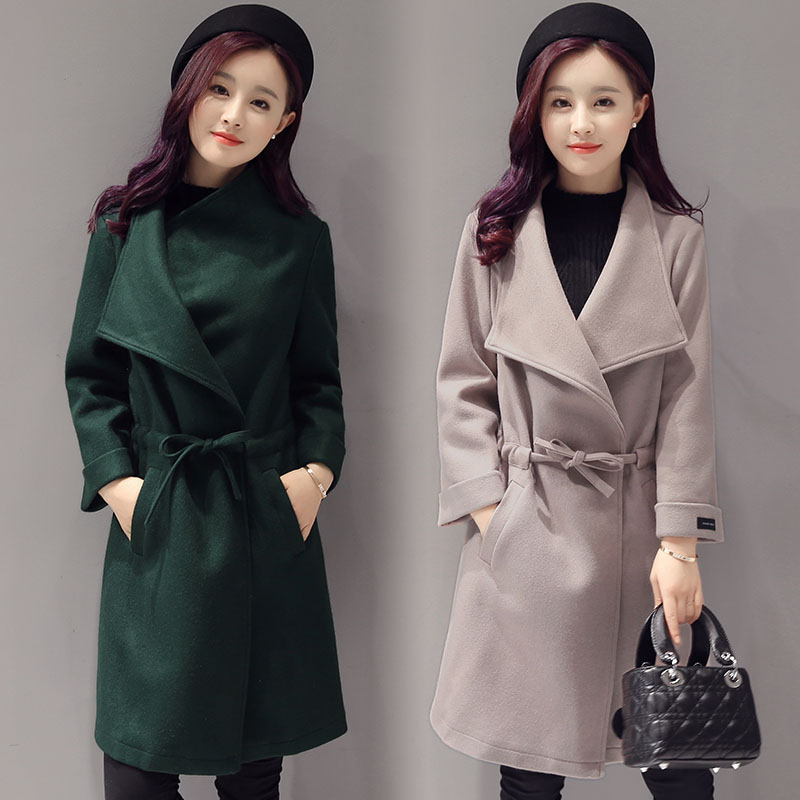 2016冬装新款系带翻领气质韩版加厚羊毛风衣女中长款长袖毛呢外套