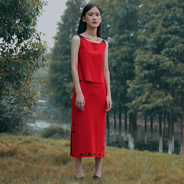 高端定制2015秋装修身金属圆环红色两件套中长款连衣裙侧开叉套裙