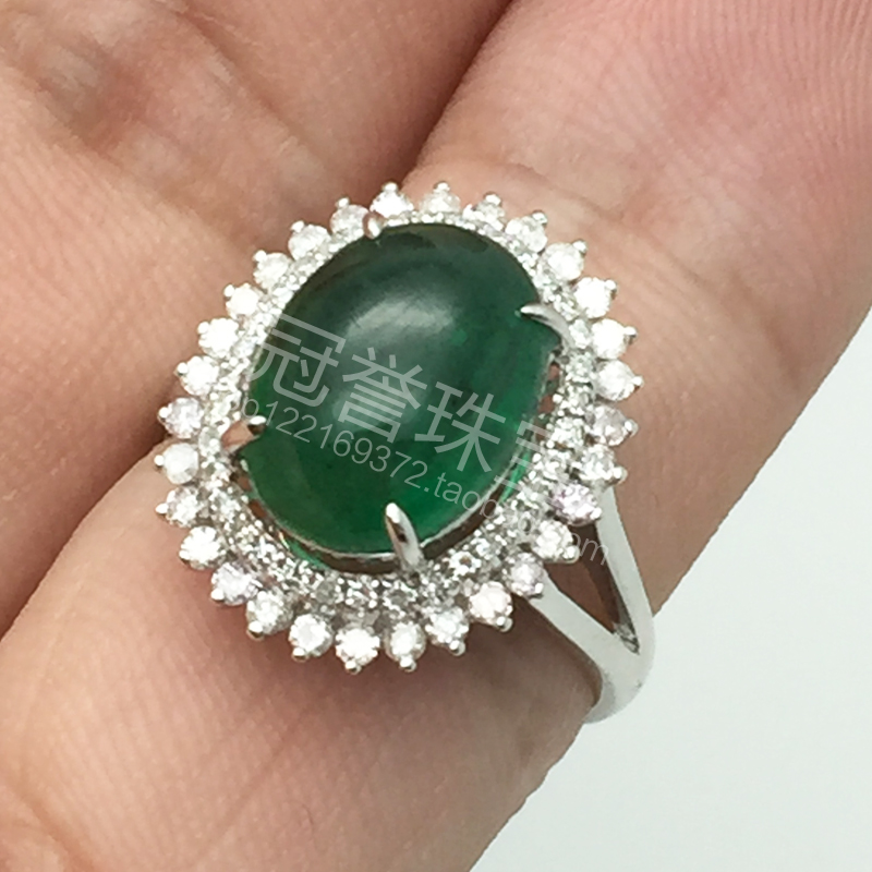 冠誉珠宝 18k金满绿翡翠冰种戒指镶嵌加工 缅甸A货翡翠阳绿蛋面