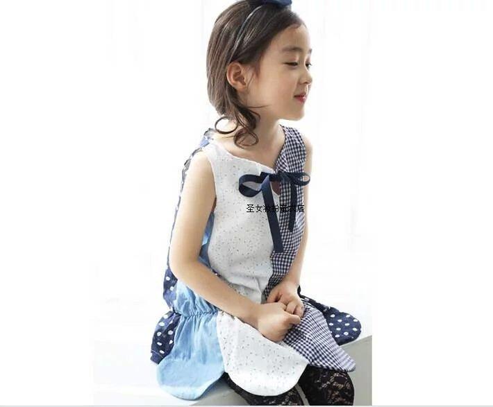 童装2015夏新款儿童韩版女童拼接打底衫小孩T恤衫蝴蝶结裙衫上衣