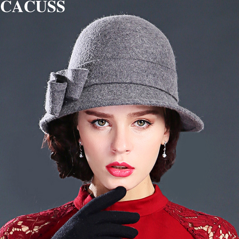 CACUSS 新品秋冬天礼帽纯羊毛呢帽子女士时尚小礼帽淑女帽圆顶帽
