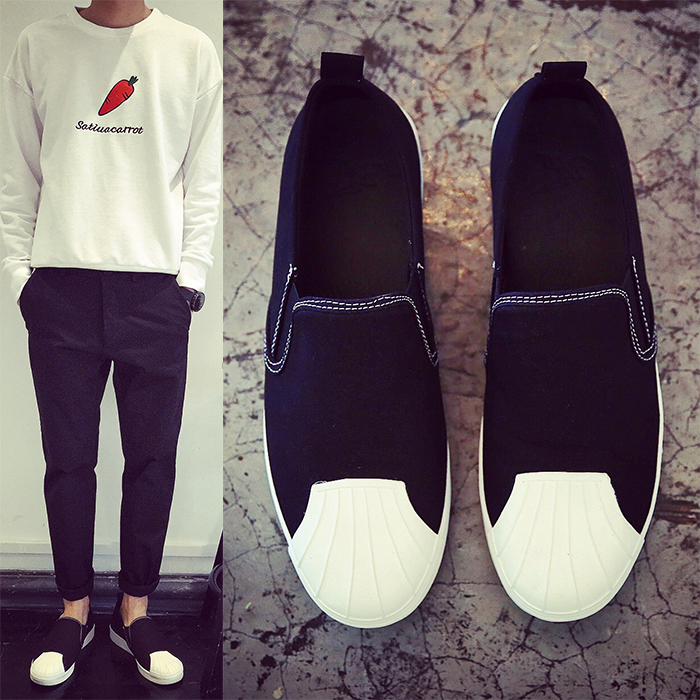 韩国经典贝壳头撞色设计男士套脚鞋 滑板鞋一脚蹬懒人鞋子透气