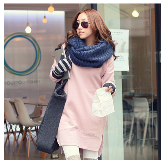 新品韩版休闲显瘦粉红纯色连衣裙套头中长款长袖大码加绒加厚卫衣
