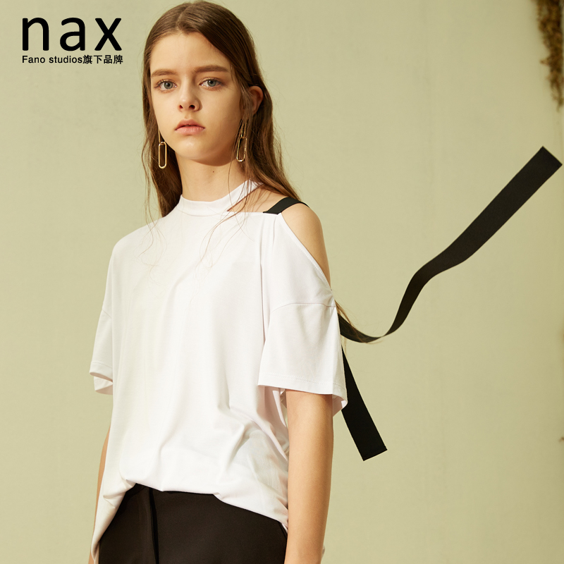 nax2016夏季新款宽松圆领套头不规则露肩短袖白色绑带T恤女短款