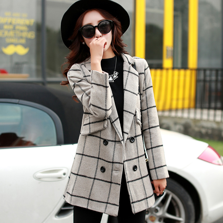 2015秋新款韩版中长款毛呢外套女高端时尚西装领双扣格子大衣风衣