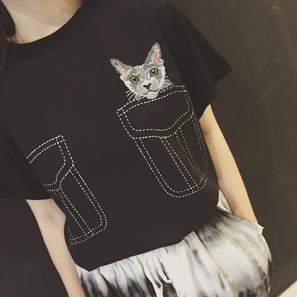2015夏装新款ulzzang韩国学院风猫咪假口袋雪纺拼接圆领短袖T恤女