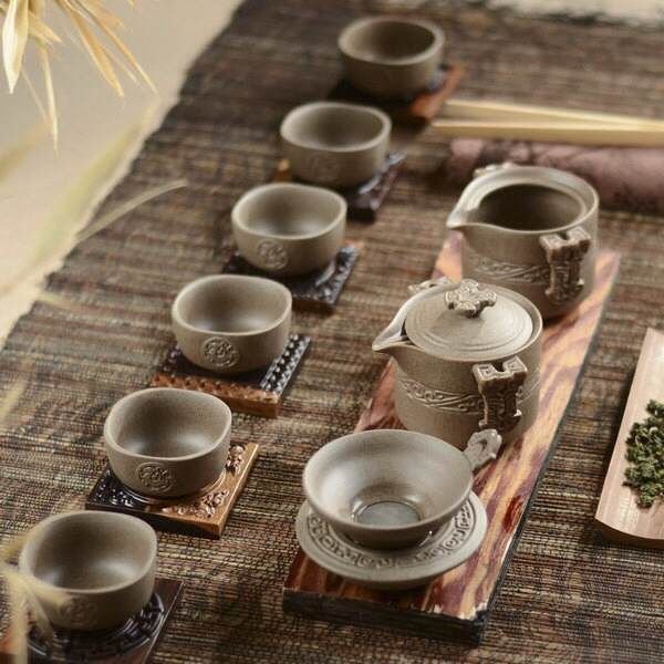 古陶台湾老岩泥粗陶茶具浮雕复古陶瓷功夫套组手工紫砂陶茶杯茶壶