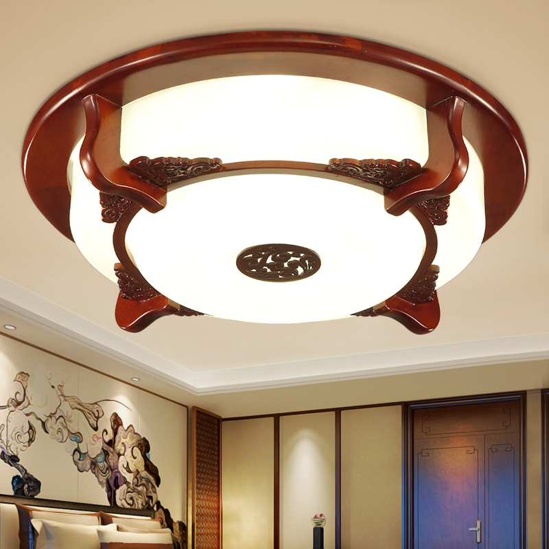 三宜仿古中式吸顶灯实木浮雕工艺亚克力灯罩圆形客厅灯古典灯饰