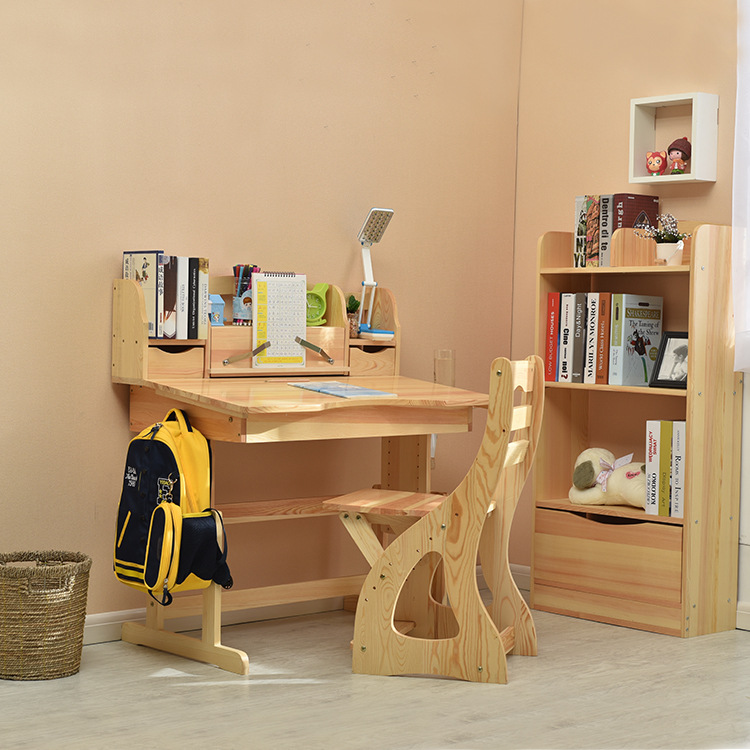 工厂直销 实木学习桌椅套装多功能可升降松木学习桌 书桌课桌椅子