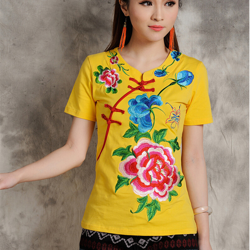 中国风2015夏装原创民族风女装刺绣花修身大码圆领短袖t恤女上衣