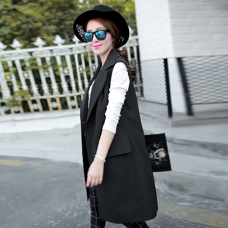 2015秋新款女式黑色马甲中长款西装领无袖外套潮时尚百搭韩版单品