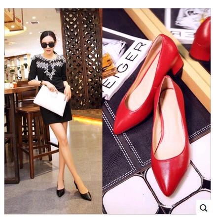 黛斯蕾妃2015春季新款真皮尖头单鞋粗跟舒适浅口高跟红色工作单鞋
