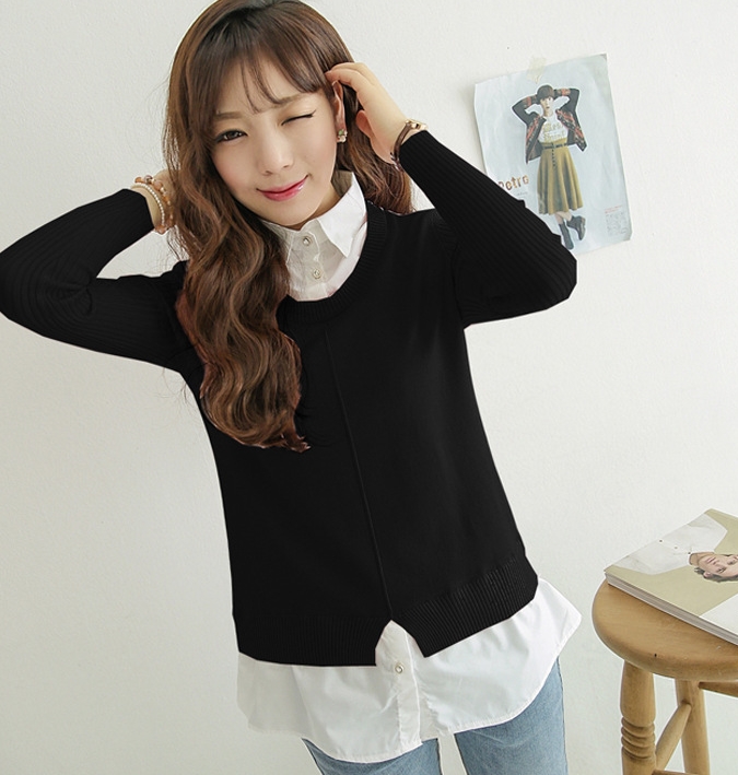 2015秋季新款女装韩版通勤翻领假两件套修身百搭衬衫毛衣针织衫