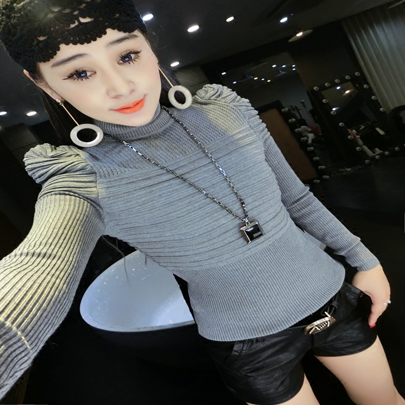 2016韩版套头毛衣短款高领泡泡袖针织衫修身显瘦上衣打底百搭潮款
