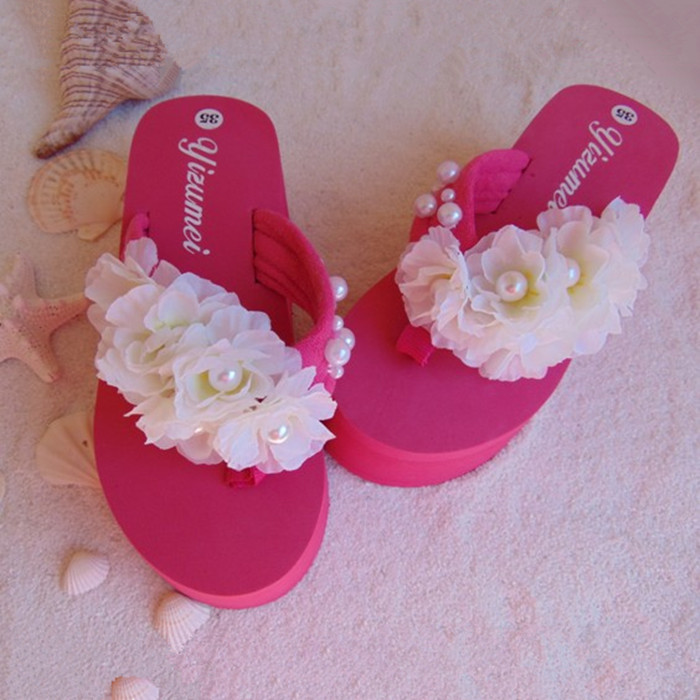 夏天韩国新款女士手工枚红色白花白粉色增高凉鞋人字拖沙滩鞋拖鞋