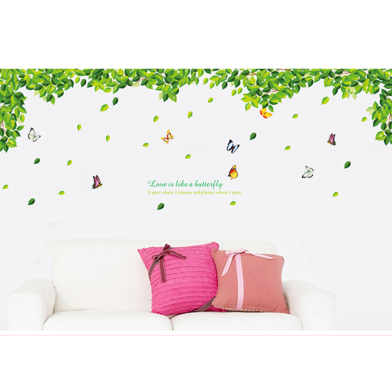 可移除清新绿叶蝴蝶绿色家园卧室客厅沙发电视背景墙贴纸