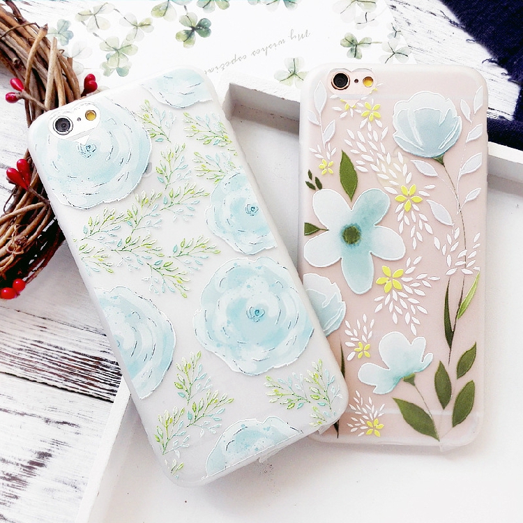 花朵苹果6手机壳iphone6s plus透明绿色浮雕软壳磨砂创意清新日韩
